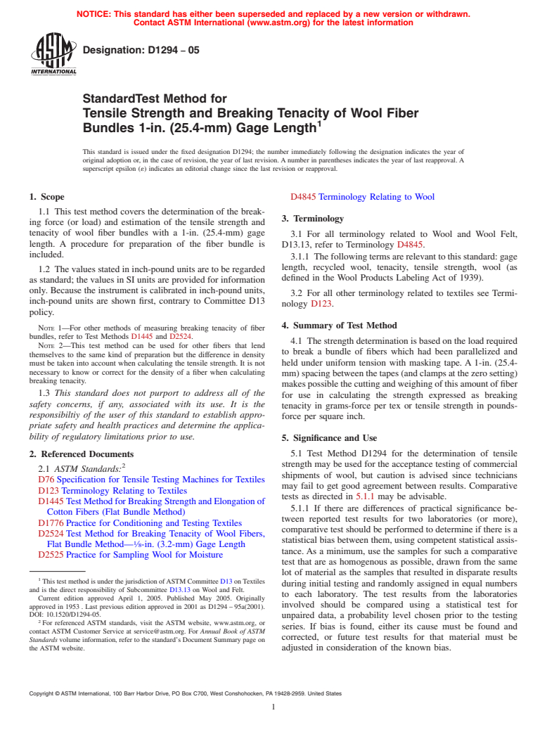 ASTM D1294-05 - Standard Test Method for Tensile Strength and Breaking Tenacity of Wool Fiber Bundles 1-in. (25.4-mm) Gage Length