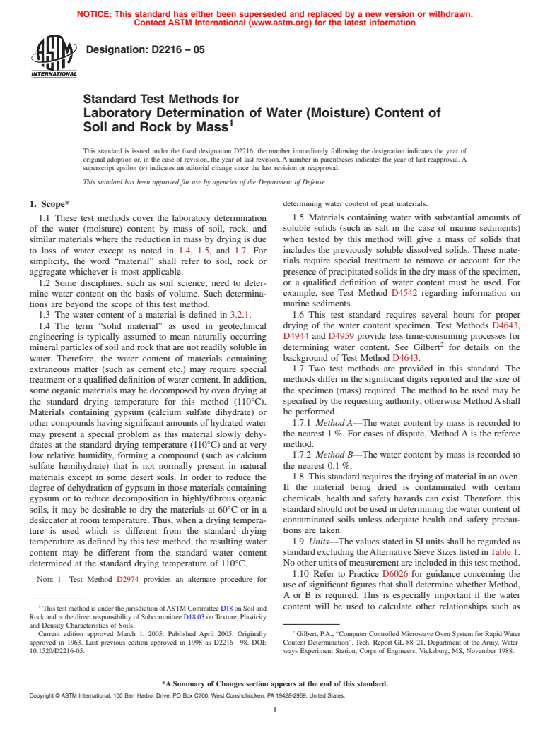 ASTM D2216-05 - Standard Test Methods for Laboratory Determination of Water (Moisture) Content of Soil and Rock by Mass