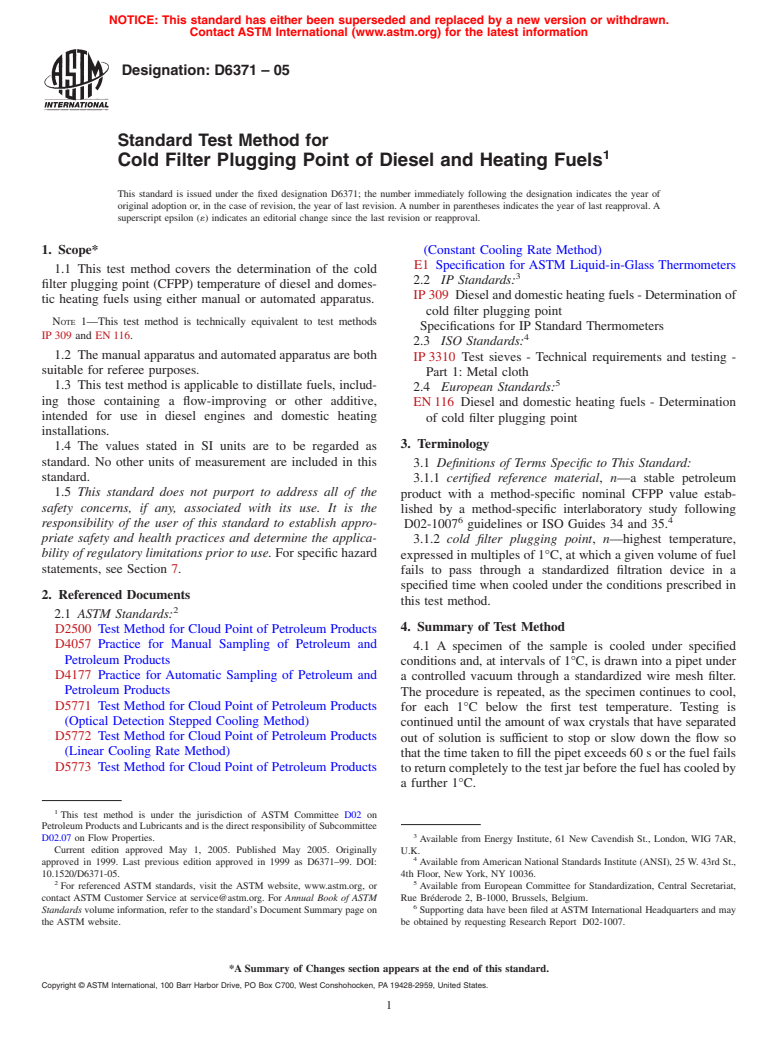 ASTM D6371-05 - Standard Test Method for Cold Filter Plugging Point of Diesel and Heating Fuels