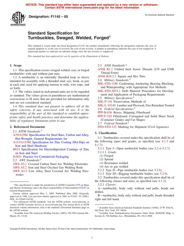 ASTM F1145-05 - Standard Specification for Turnbuckles, Swaged, Welded, Forged