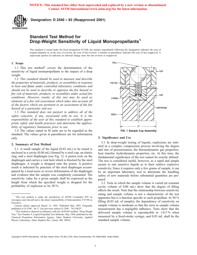 ASTM D2540-93(2001) - Standard Test Method for Drop-Weight Sensitivity of Liquid Monopropellants (Withdrawn 2003)