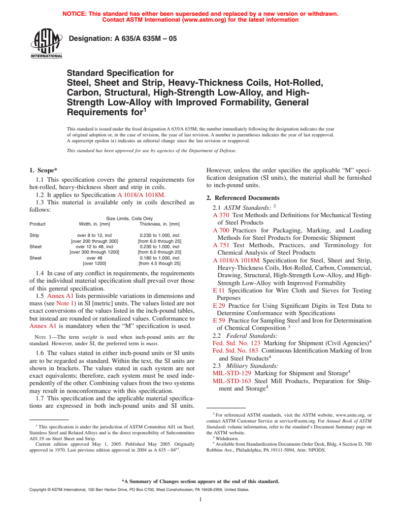 ASTM A635/A635M-05 - Standard Specification for Steel, Sheet and Strip, Heavy-Thickness Coils, Hot-Rolled, Carbon, Structural, High-Strength Low-Alloy, and High-Strength Low-Alloy with Improved Formability, General Requirements for