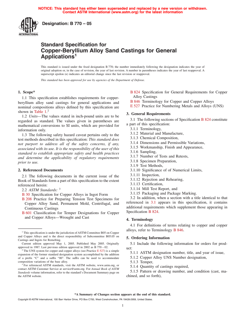 ASTM B770-05 - Standard Specification for Copper-Beryllium Alloy Sand Castings for General Applications