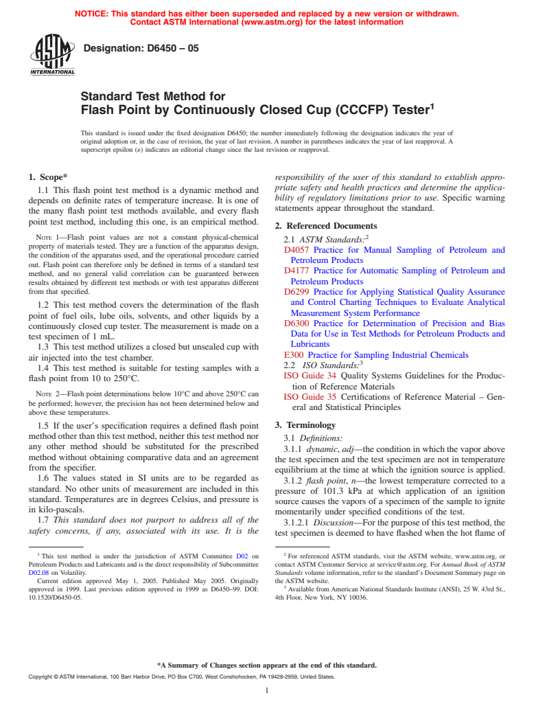 ASTM D6450-05 - Standard Test Method for Flash Point by Continuously Closed Cup (CCCFP) Tester