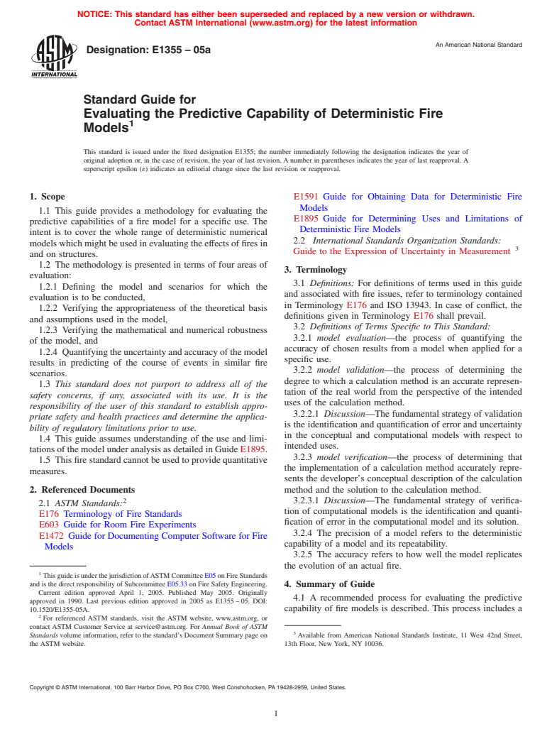 ASTM E1355-05a - Standard Guide for Evaluating the Predictive Capability of Deterministic Fire Models