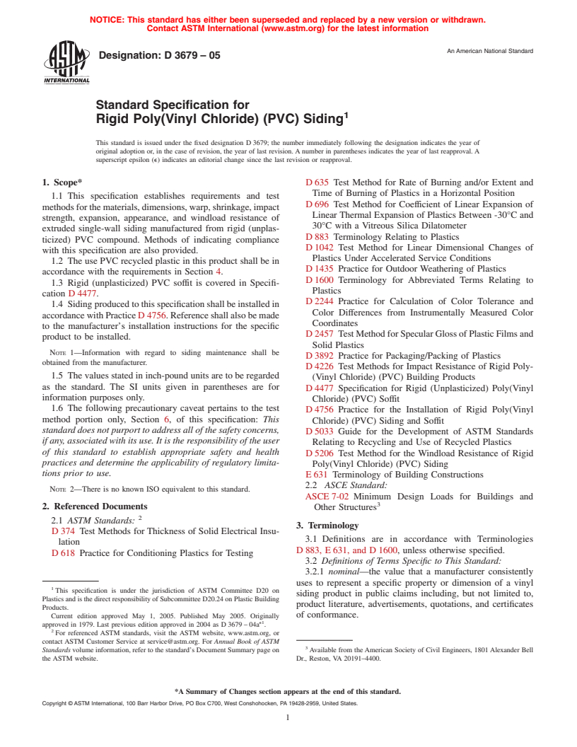 ASTM D3679-05 - Standard Specification for Rigid Poly(Vinyl Chloride) (PVC) Siding