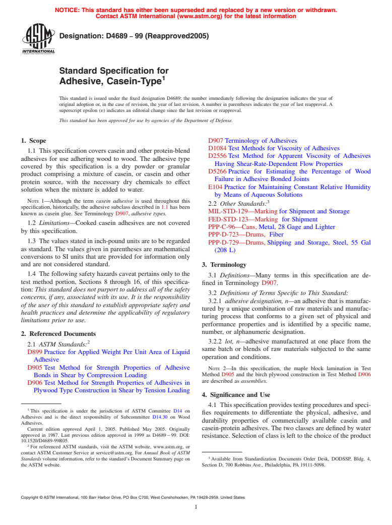 ASTM D4689-99(2005) - Standard Specification for Adhesive, Casein-Type