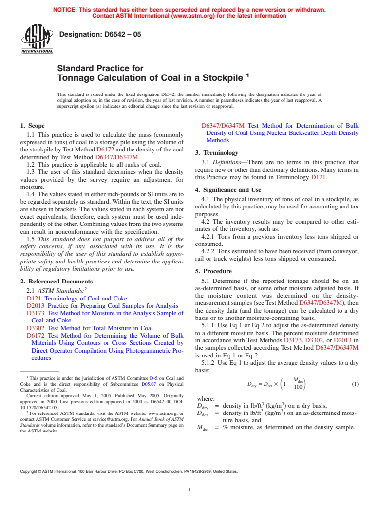 ASTM D6542-05 - Standard Practice for Tonnage Calculation of Coal in a Stockpile