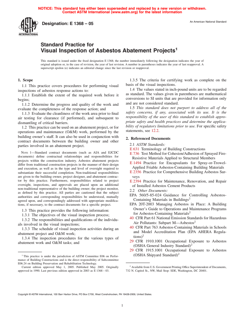 ASTM E1368-05 - Standard Practice for Visual Inspection of Asbestos Abatement Projects