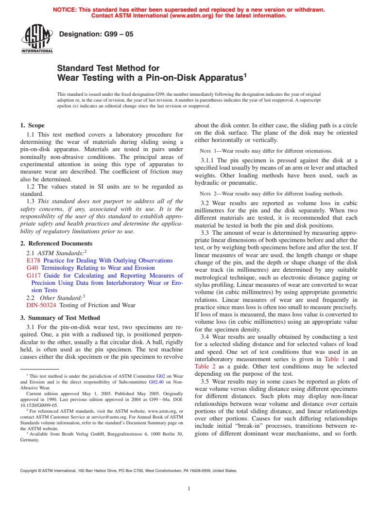 ASTM G99-05 - Standard Test Method for Wear Testing with a Pin-on-Disk Apparatus