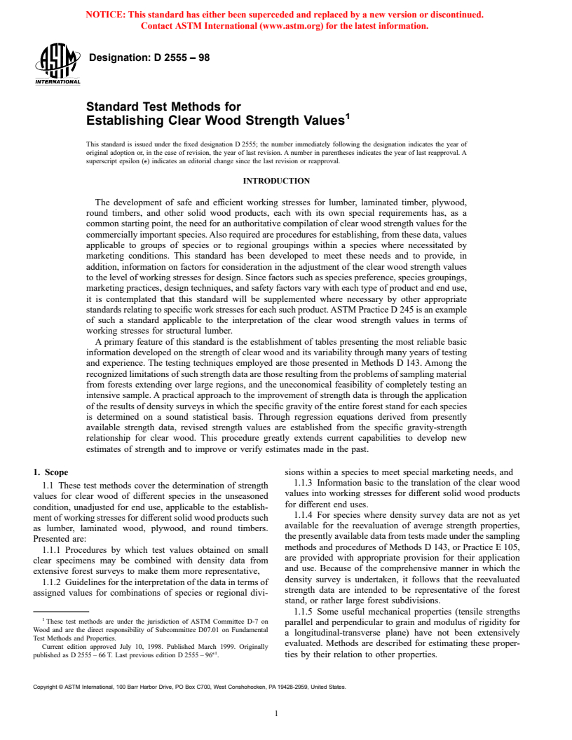 ASTM D2555-98 - Standard Test Methods for Establishing Clear Wood Strength Values