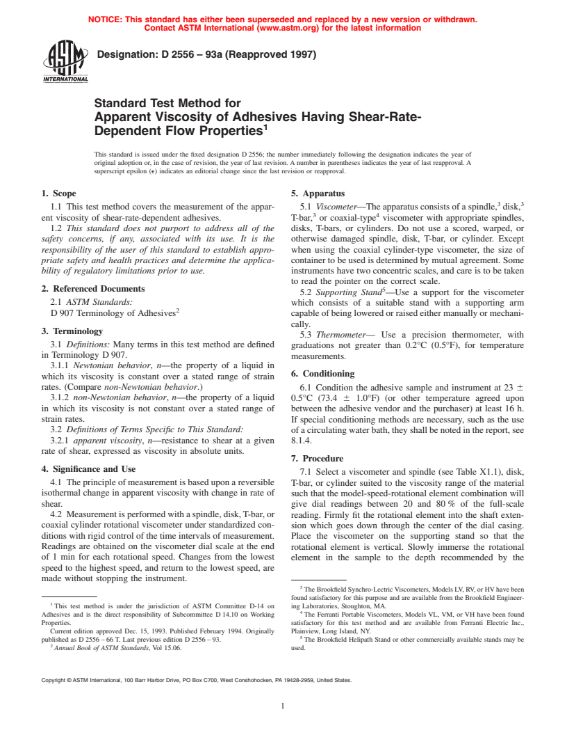 ASTM D2556-93a(1997) - Standard Test Method for Apparent Viscosity of Adhesives Having Shear-Rate-Dependent Flow Properties