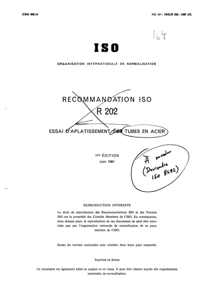 ISO/R 202:1961 - Flattening test on steel tubes
Released:6/1/1961