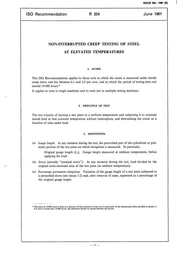 ISO/R 204:1961 - Non-interrupted creep testing of steel at elevated temperatures