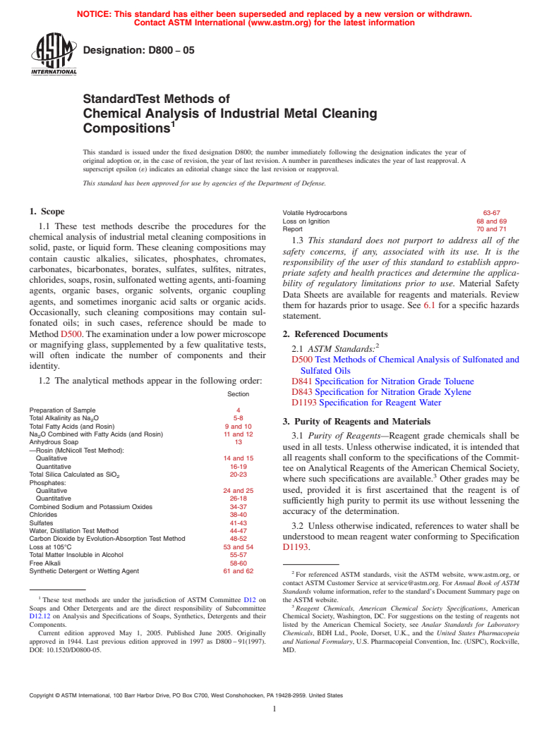 ASTM D800-05 - Standard Test Methods of Chemical Analysis of Industrial Metal Cleaning Compositions