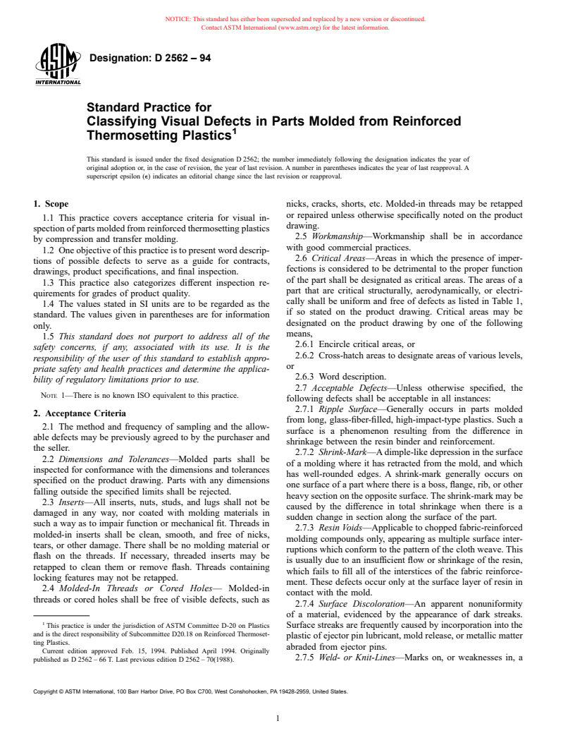 ASTM D2562-94 - Standard Practice for Classifying Visual Defects in Parts Molded from Reinforced Thermosetting Plastics