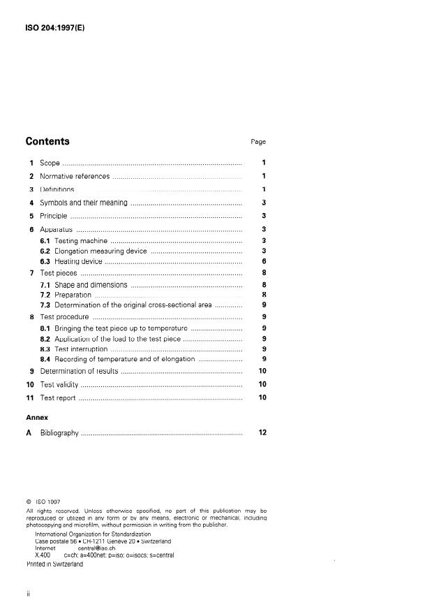 ISO 204:1997 ISO 204:1997 - Metallic materials -- Uninterrupted uniaxial creep testing in tension -- Method of test - Page 2 preview