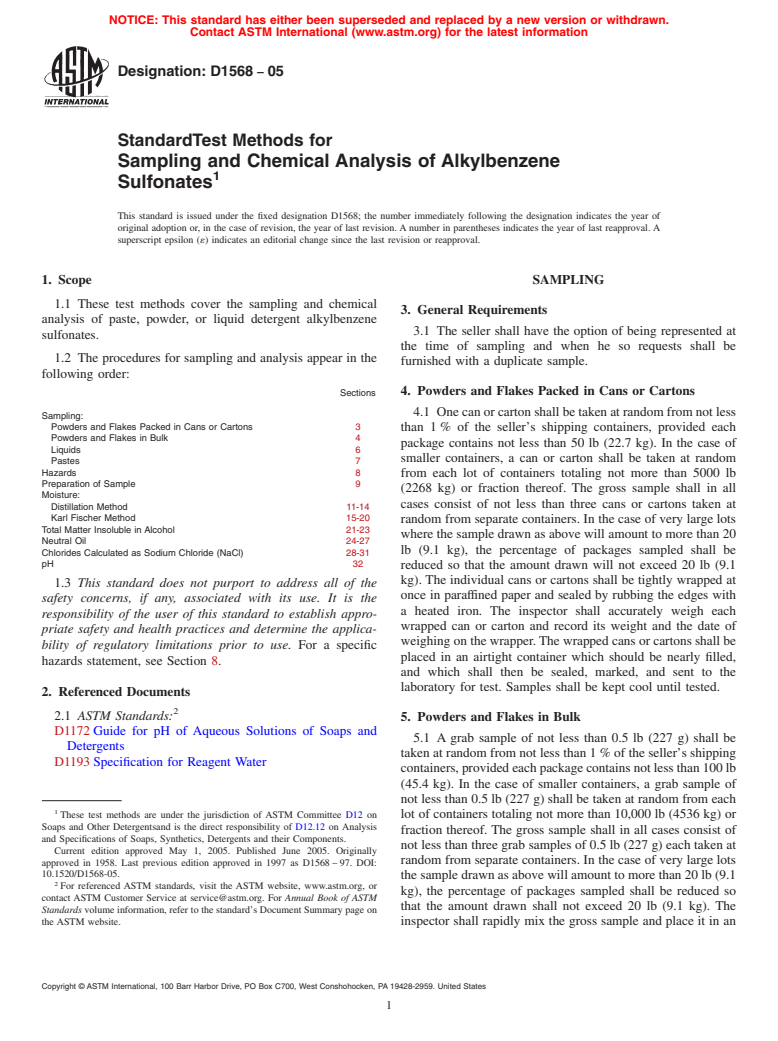 ASTM D1568-05 - Standard Test Methods for Sampling and Chemical Analysis of Alkylbenzene Sulfonates