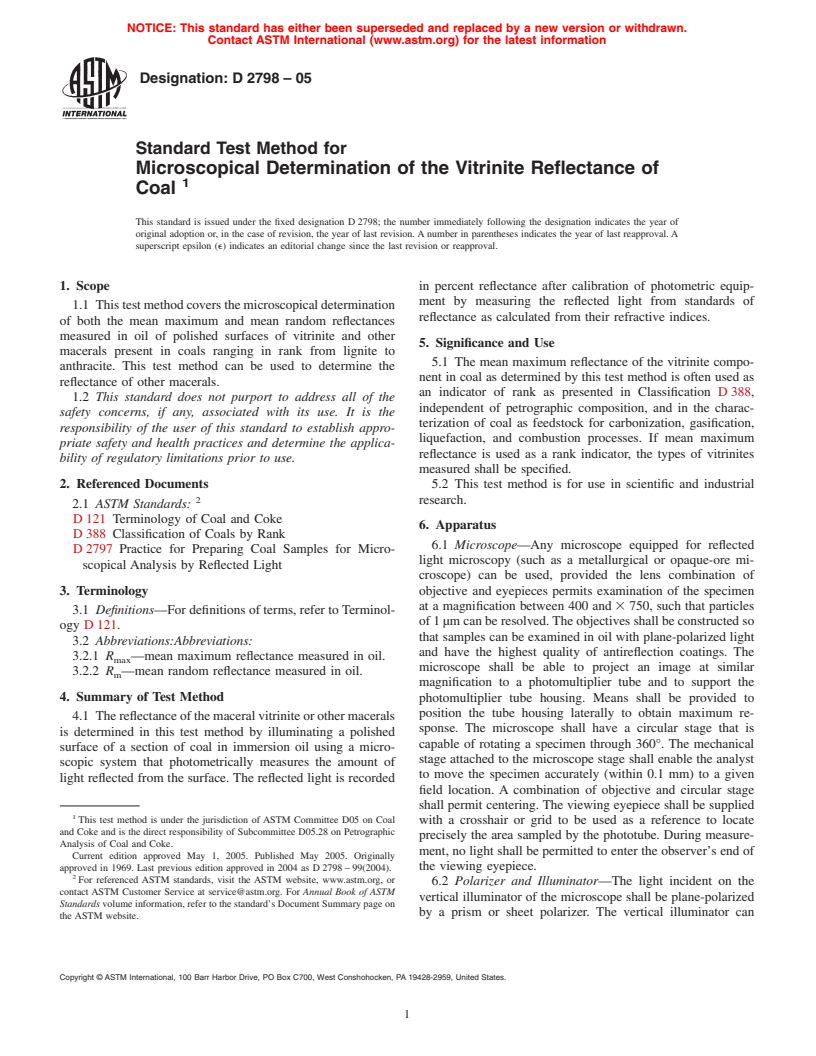 ASTM D2798-05 - Standard Test Method for Microscopical Determination of the Vitrinite Reflectance of Coal