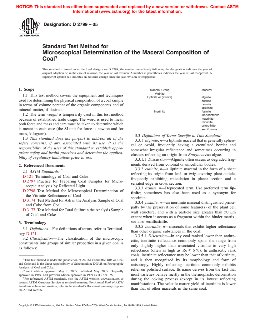 ASTM D2799-05 - Standard Test Method for Microscopical Determination of the Maceral Composition of Coal