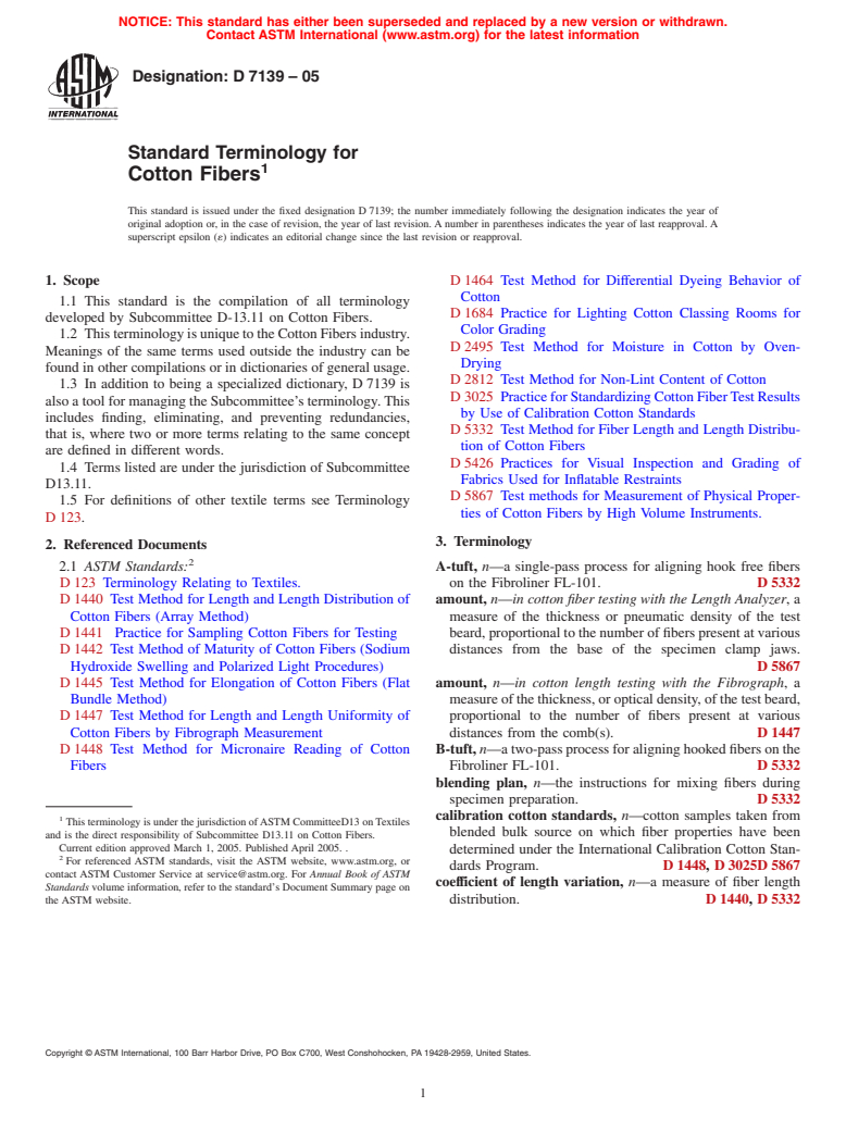 ASTM D7139-05 - Standard Terminology for Cotton Fibers