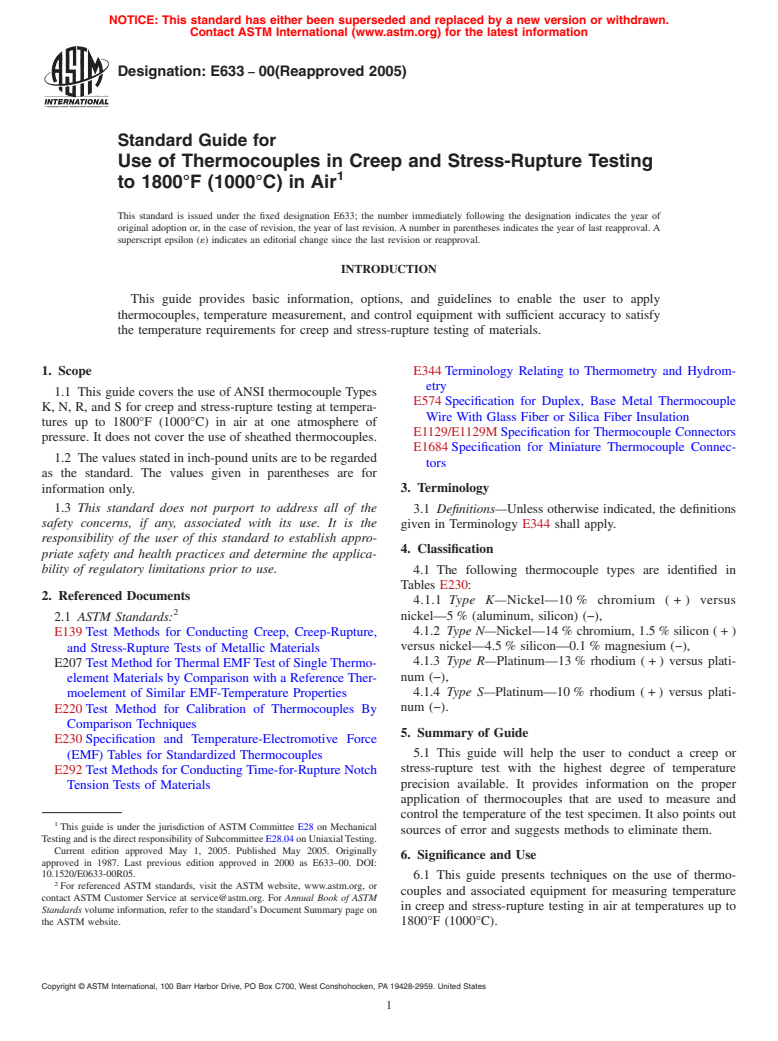 ASTM E633-00(2005) - Standard Guide for Use of Thermocouples in Creep and Stress-Rupture Testing to 1800&#176;F (1000&#176;C) in Air