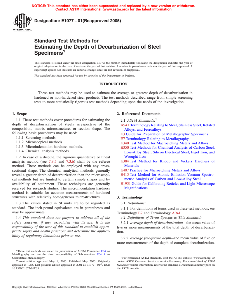 ASTM E1077-01(2005) - Standard Test Methods for Estimating the Depth of Decarburization of Steel Specimens