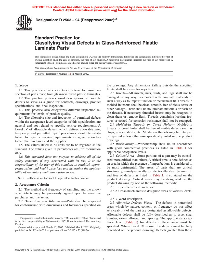 ASTM D2563-94(2002)e1 - Standard Practice for Classifying Visual Defects in Glass-Reinforced Plastic Laminate Parts