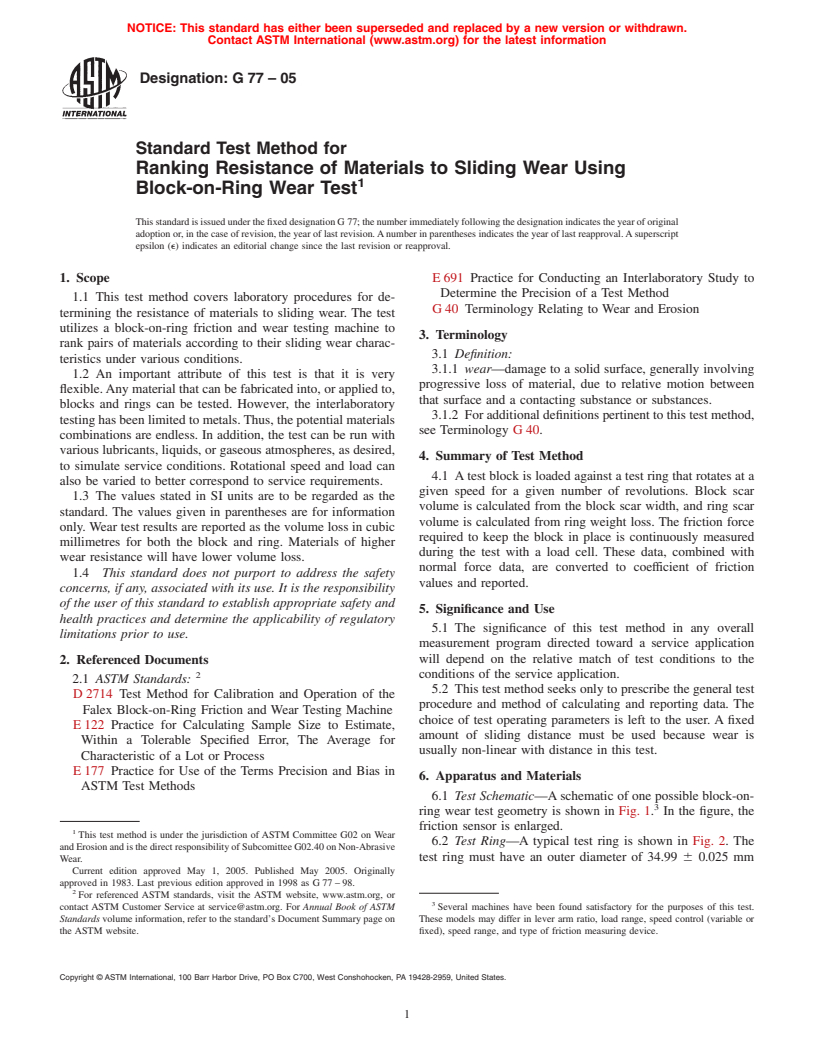 ASTM G77-05 - Standard Test Method for Ranking Resistance of Materials to Sliding Wear Using Block-on-Ring Wear Test