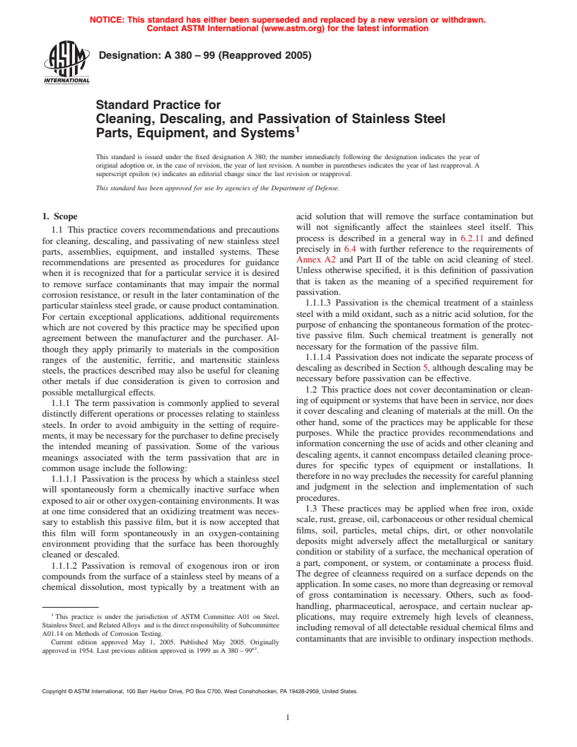 ASTM A380-99(2005) - Standard Practice for Cleaning, Descaling, and Passivation of Stainless Steel Parts, Equipment, and Systems