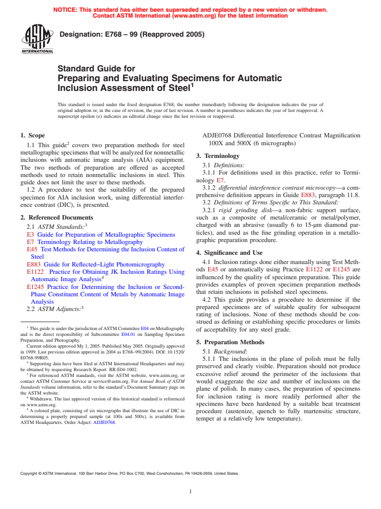 ASTM E768-99(2005) - Standard Guide for Preparing and Evaluating Specimens for Automatic Inclusion Assessment of Steel