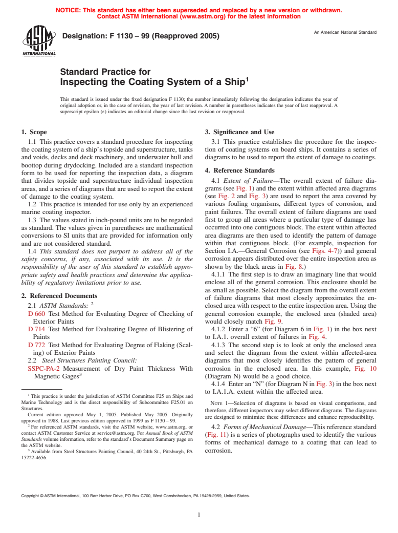 ASTM F1130-99(2005) - Standard Practice for Inspecting the Coating System of a Ship