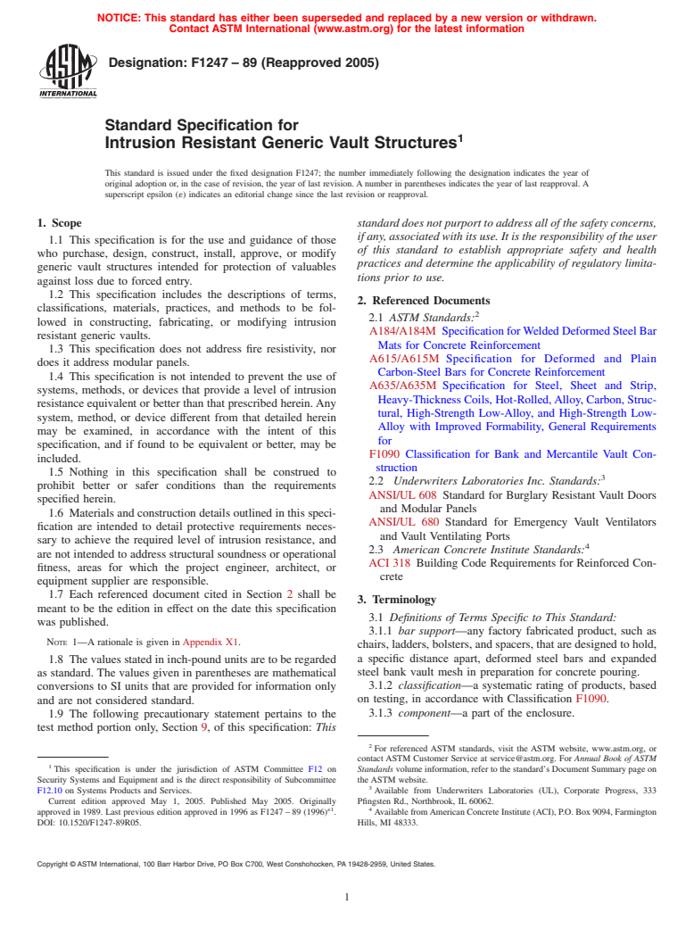 ASTM F1247-89(2005) - Standard Specification for Intrusion Resistant Generic Vault Structures