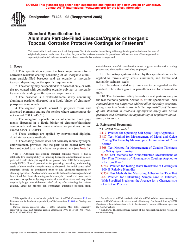 ASTM F1428-92(2005) - Standard Specification for Aluminum Particle-Filled Basecoat/Organic or Inorganic Topcoat, Corrosion Protective Coatings for Fasteners