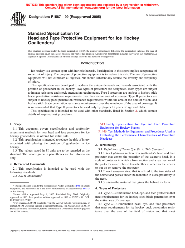 ASTM F1587-99(2005) - Standard Specification for Head and Face Protective Equipment for Ice Hockey Goaltenders