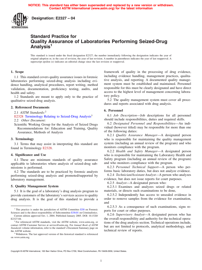 ASTM E2327-04 - Standard Practice for Quality Assurance of Laboratories Performing Seized-Drug Analysis