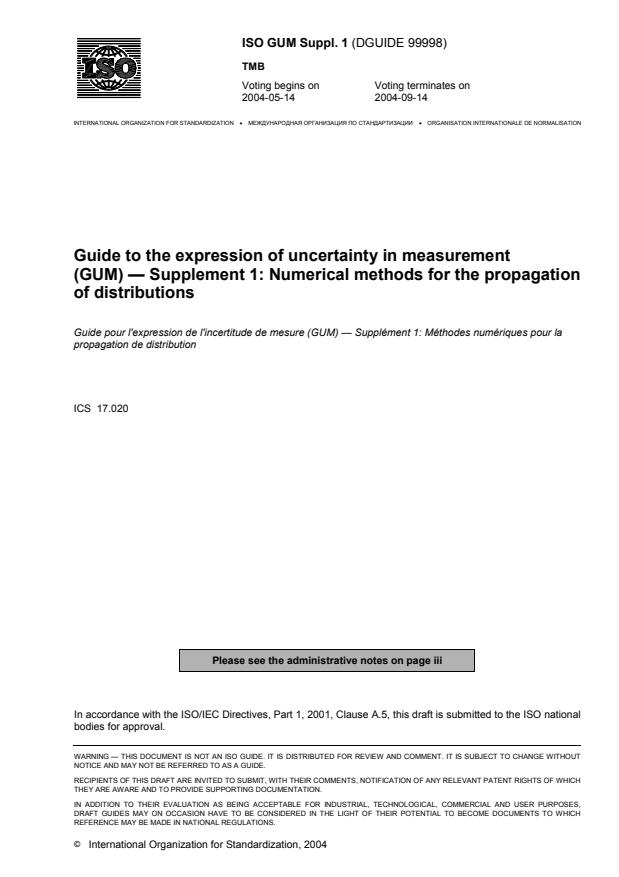 ISO/DGuide 99998 - Guide to the expression of uncertainty in measurement (GUM) --  Supplement 1: Numerical methods for the propagation of distributions