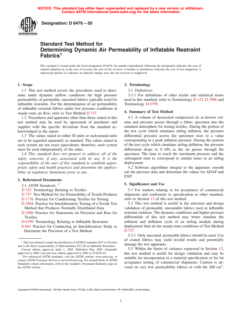 ASTM D6476-05 - Standard Test Method for Determining Dynamic Air Permeability of Inflatable Restraint Fabrics