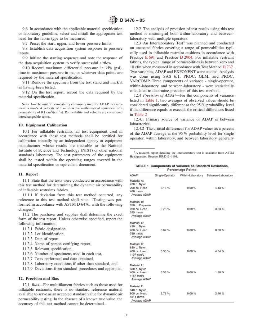 ASTM D6476-05 - Standard Test Method for Determining Dynamic Air Permeability of Inflatable Restraint Fabrics