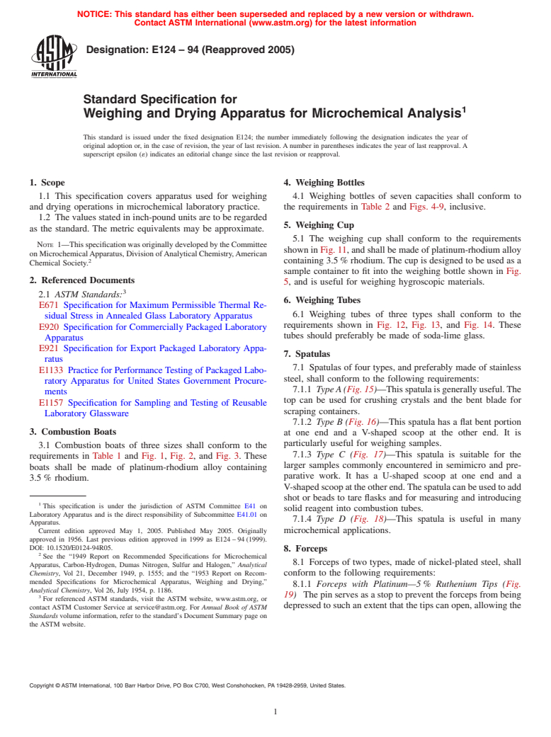 ASTM E124-94(2005) - Standard Specification for Weighing and Drying Apparatus for Microchemical Analysis