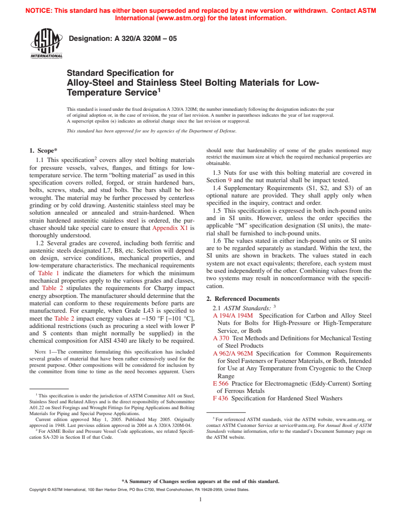 ASTM A320/A320M-05 - Standard Specification for Alloy-Steel and Stainless Steel Bolting Materials for Low-Temperature Service