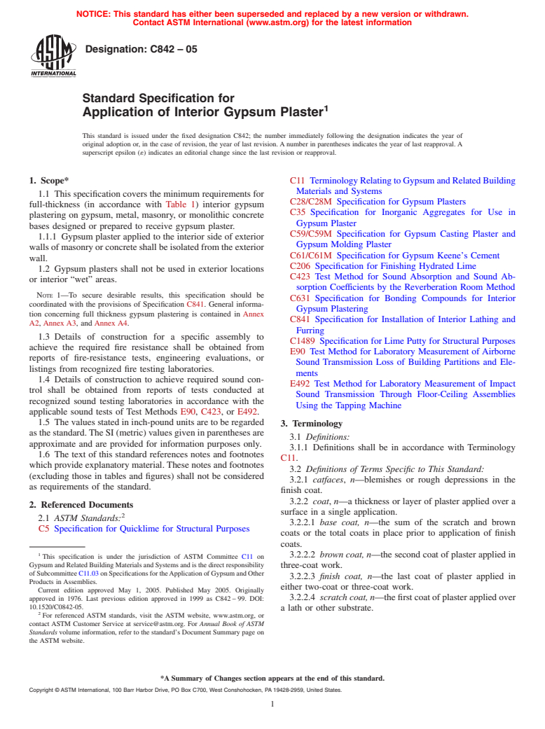 ASTM C842-05 - Standard Specification for Application of Interior Gypsum Plaster