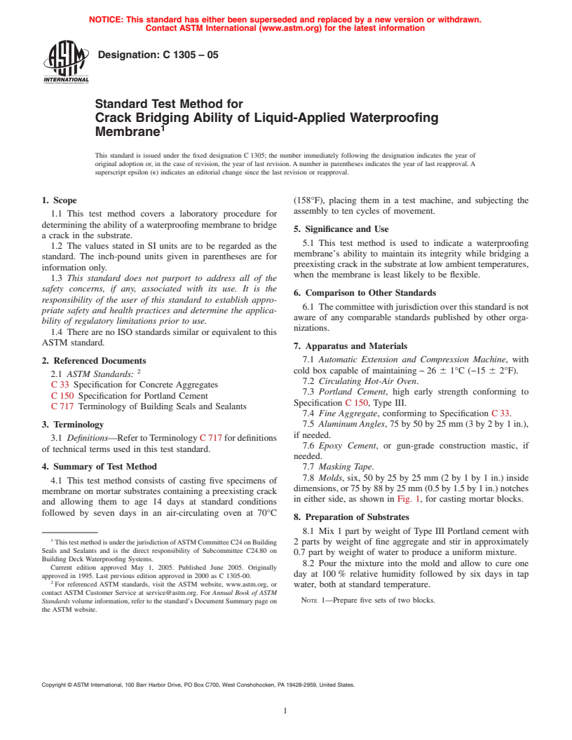 ASTM C1305-05 - Standard Test Method for Crack Bridging Ability of Liquid-Applied Waterproofing Membrane