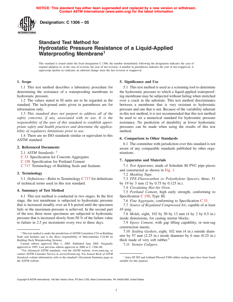 ASTM C1306-05 - Standard Test Method for Hydrostatic Pressure Resistance of a Liquid-Applied Waterproofing Membrane