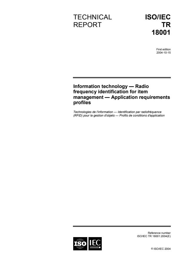 ISO/IEC TR 18001:2004 - Information technology -- Radio frequency identification for item management -- Application requirements profiles