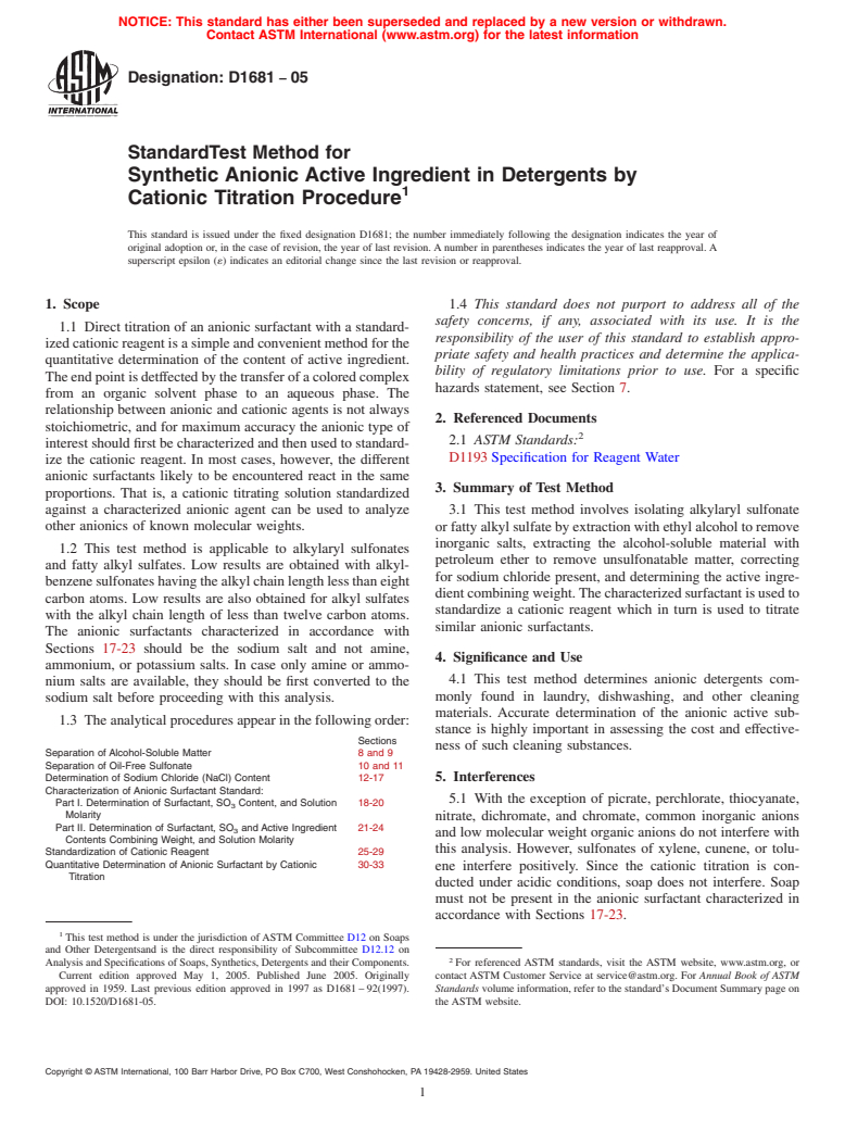 ASTM D1681-05 - Standard Test Method for Synthetic Anionic Active Ingredient in Detergents by Cationic Titration Procedure