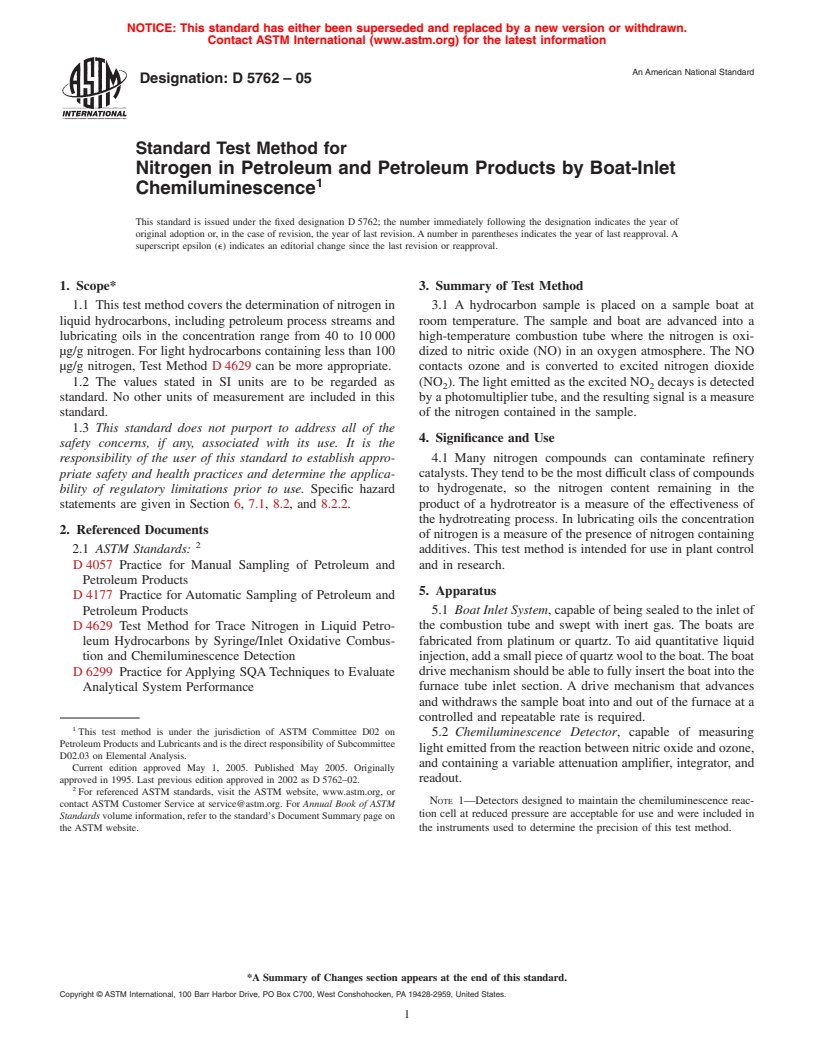 ASTM D5762-05 - Standard Test Method for Nitrogen in Petroleum and Petroleum Products by Boat-Inlet Chemiluminescence