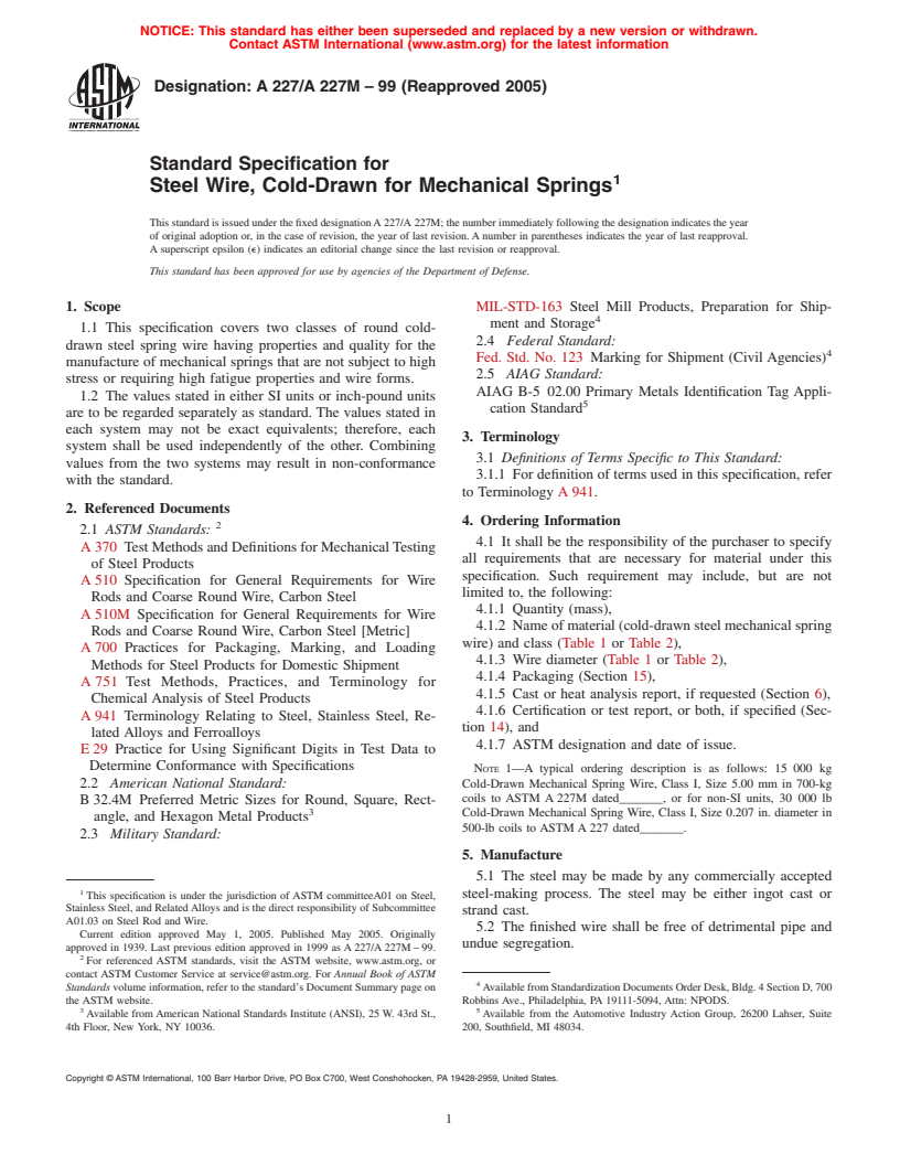 ASTM A227/A227M-99(2005) - Standard Specification for Steel Wire, Cold-Drawn for Mechanical Springs