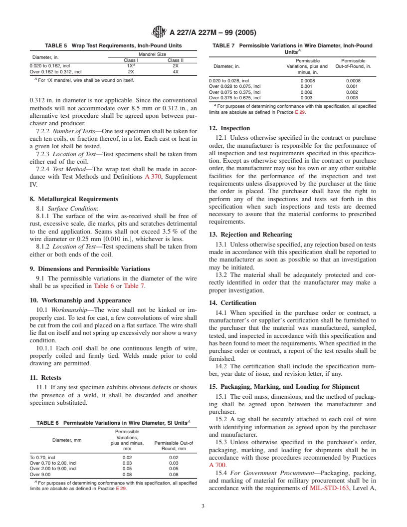 ASTM A227/A227M-99(2005) - Standard Specification for Steel Wire, Cold-Drawn for Mechanical Springs