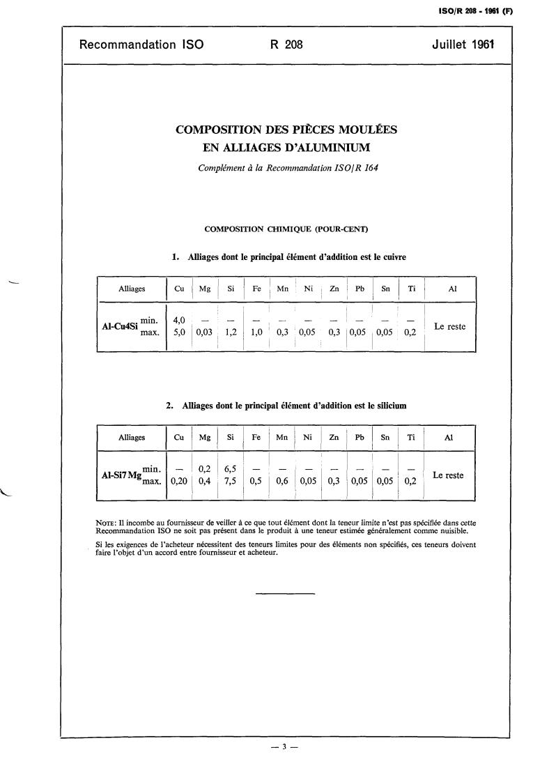 ISO/R 208:1961 - Composition of aluminium castings (complement to R 164)
Released:7/1/1961